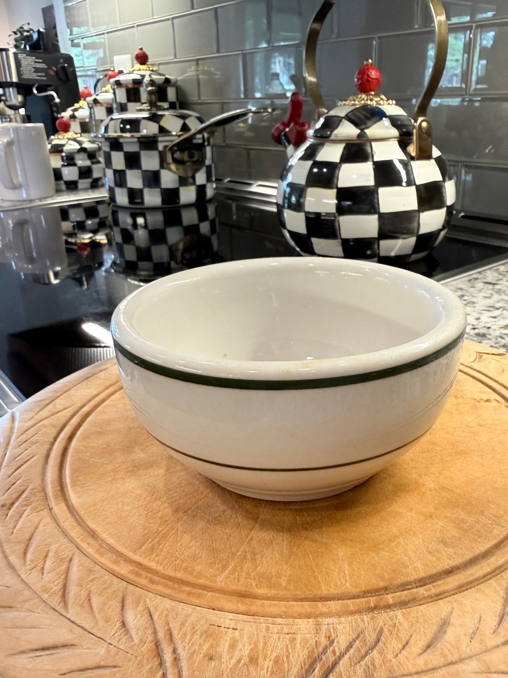 Vintage Thick Chunky White Restaurant Stoneware Bowl with Green Rim - Picture 7 of 16